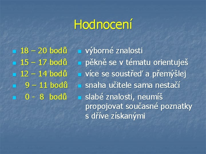 Hodnocení n n n 18 – 20 bodů 15 – 17 bodů 12 – Hodnocení n n n 18 – 20 bodů 15 – 17 bodů 12 –