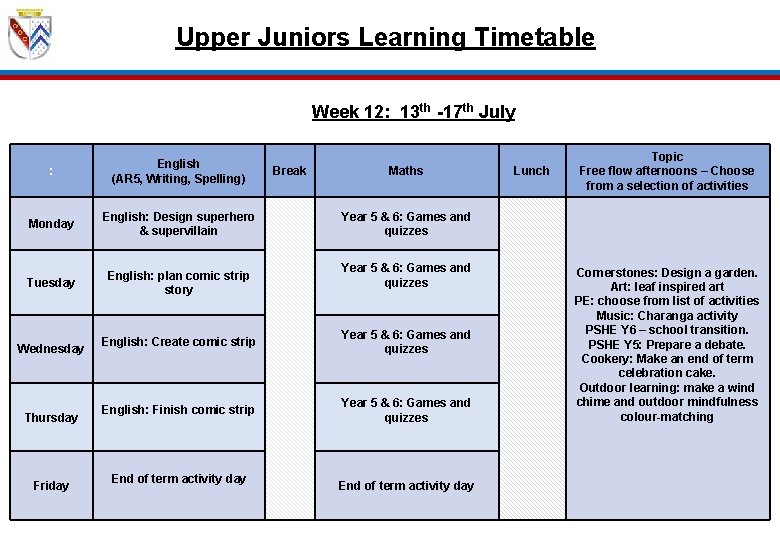 Upper Juniors Learning Timetable Week 12: 13 th -17 th July : English (AR