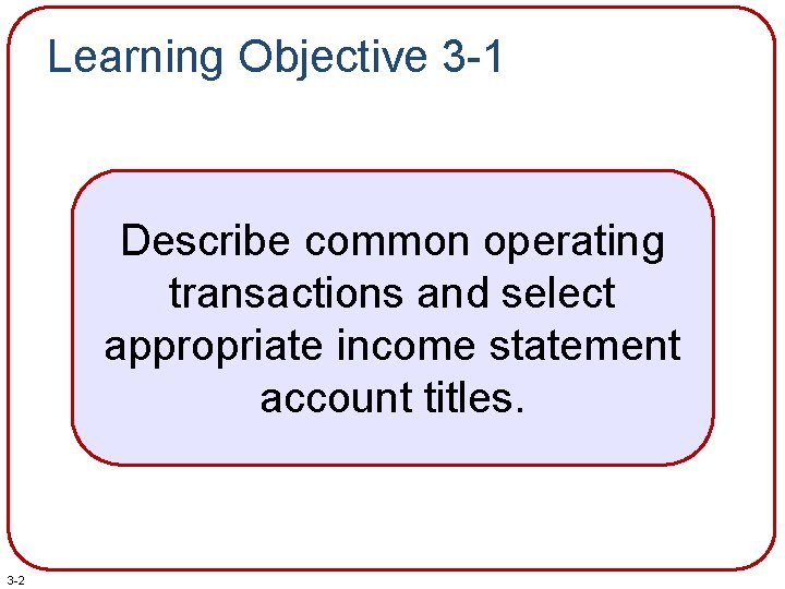 Learning Objective 3 -1 Describe common operating transactions and select appropriate income statement account