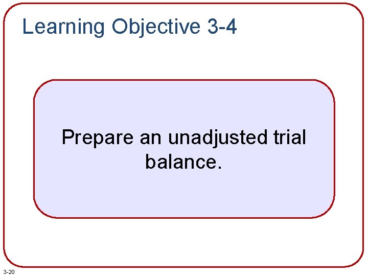 Learning Objective 3 -4 Prepare an unadjusted trial balance. 3 -20 