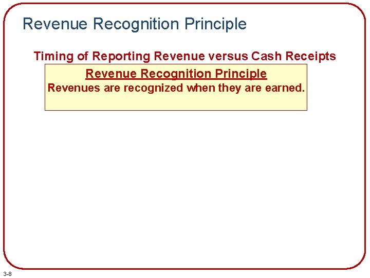 Revenue Recognition Principle Timing of Reporting Revenue versus Cash Receipts Revenue Recognition Principle Revenues