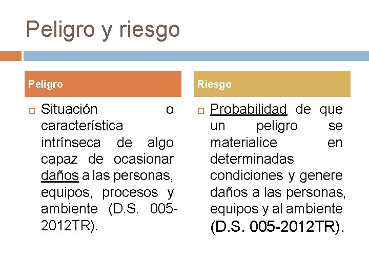 Peligro y riesgo Peligro Situación o característica intrínseca de algo capaz de ocasionar daños