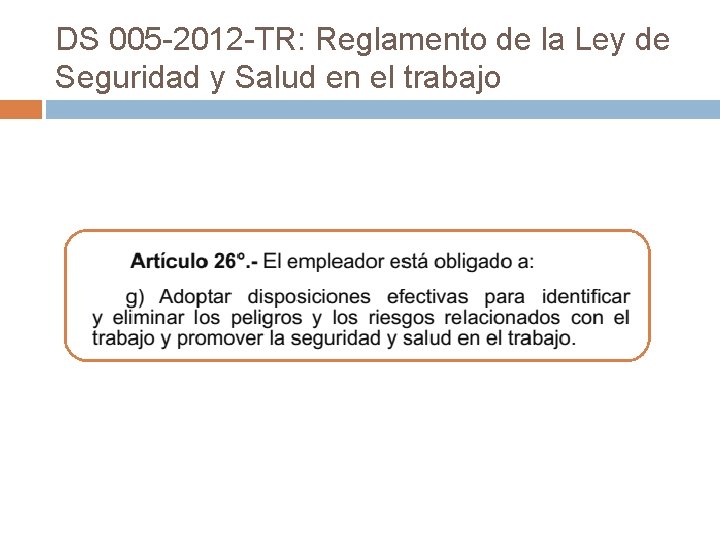 DS 005 -2012 -TR: Reglamento de la Ley de Seguridad y Salud en el