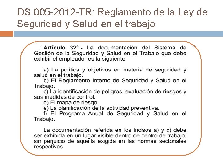 DS 005 -2012 -TR: Reglamento de la Ley de Seguridad y Salud en el