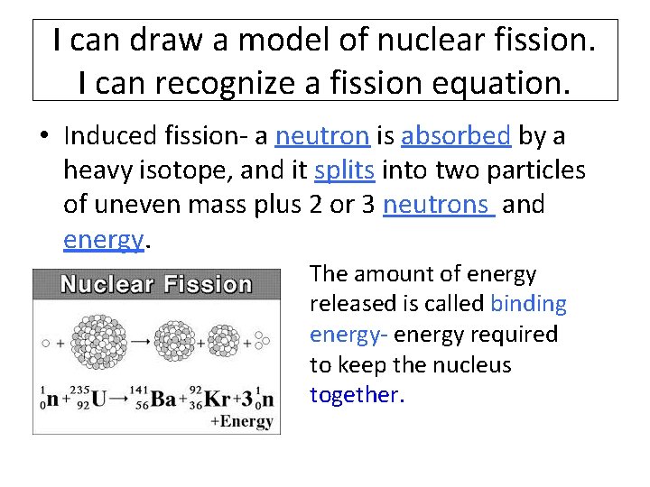 I can draw a model of nuclear fission. I can recognize a fission equation.
