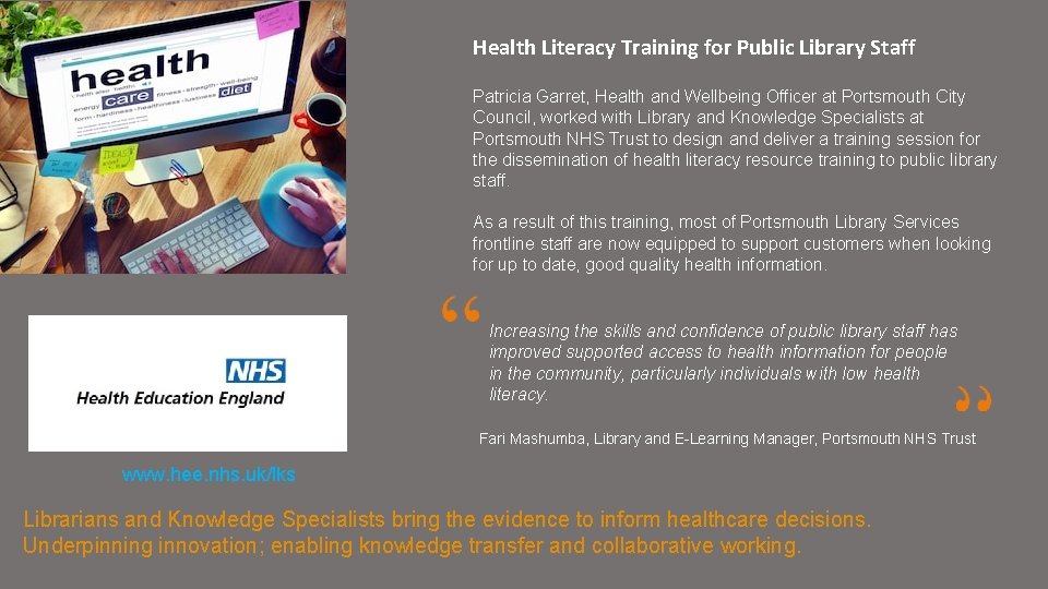 Health Literacy Training for Public Library Staff Patricia
