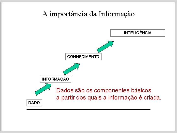 A importância da Informação INTELIGÊNCIA CONHECIMENTO INFORMAÇÃO DADO Dados são os componentes básicos a