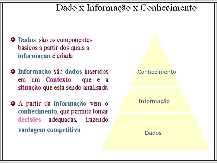 Dado x Informação x Conhecimento Dados são os componentes básicos a partir dos quais