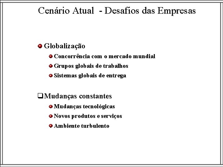 Cenário Atual - Desafios das Empresas Globalização Concorrência com o mercado mundial Grupos globais