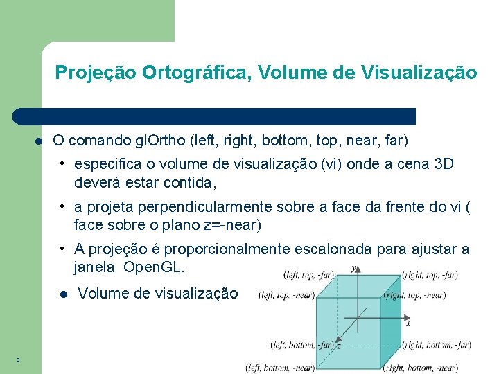 Projeção Ortográfica, Volume de Visualização O comando gl. Ortho (left, right, bottom, top, near,