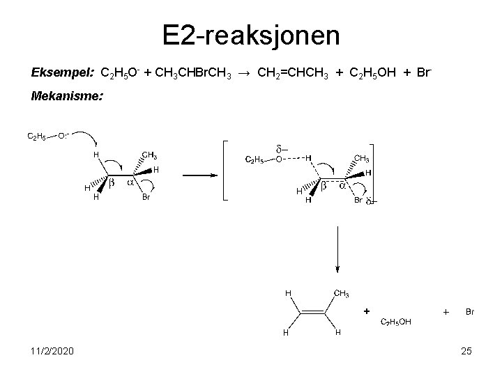 E 2 -reaksjonen Eksempel: C 2 H 5 O- + CH 3 CHBr. CH
