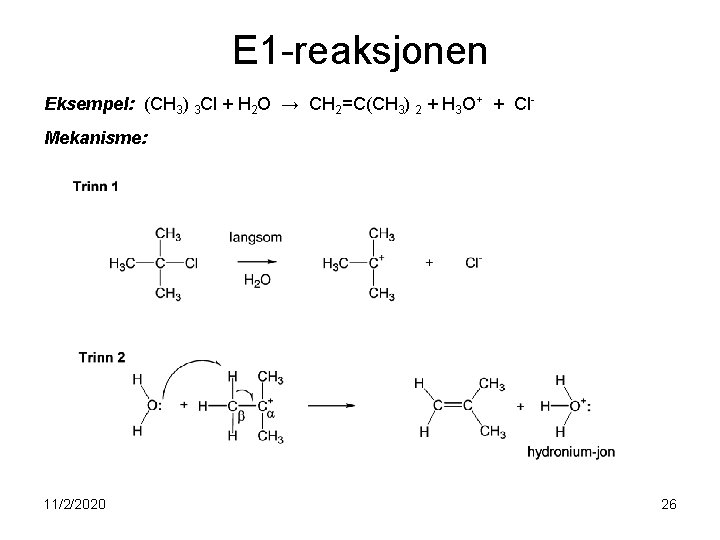 E 1 -reaksjonen Eksempel: (CH 3) 3 Cl + H 2 O → CH