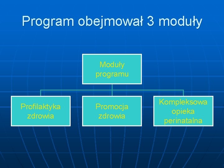 Program obejmował 3 moduły Moduły programu Profilaktyka zdrowia Promocja zdrowia Kompleksowa opieka perinatalna 