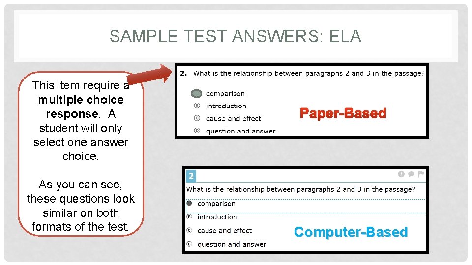 SAMPLE TEST ANSWERS: ELA This item require a multiple choice response. A student will
