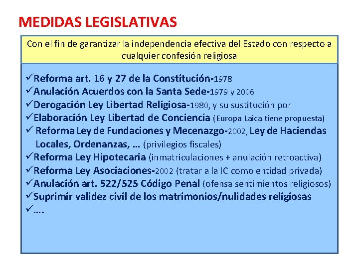 MEDIDAS LEGISLATIVAS Con el fin de garantizar la independencia efectiva del Estado con respecto