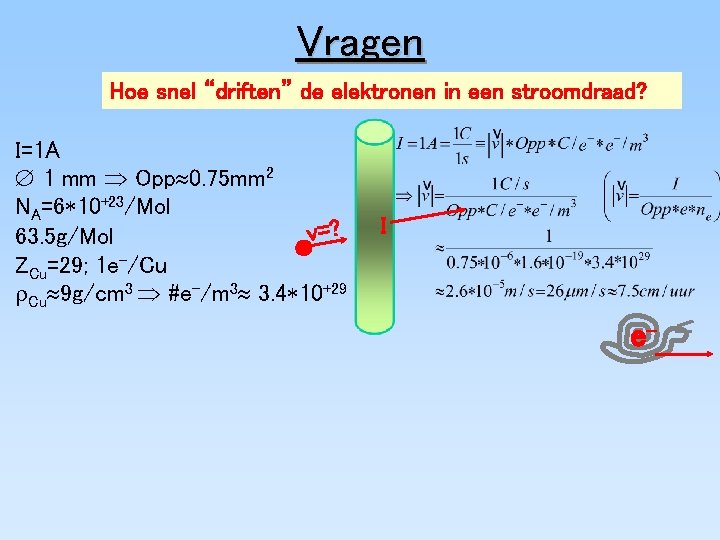 Vragen Hoe snel “driften” de elektronen in een stroomdraad? I=1 A Æ 1 mm