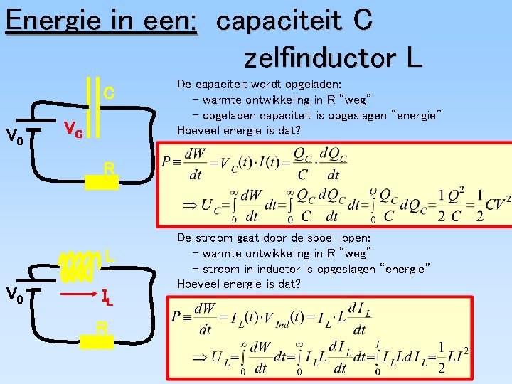 Energie in een: capaciteit C zelfinductor L C V 0 VC De capaciteit wordt