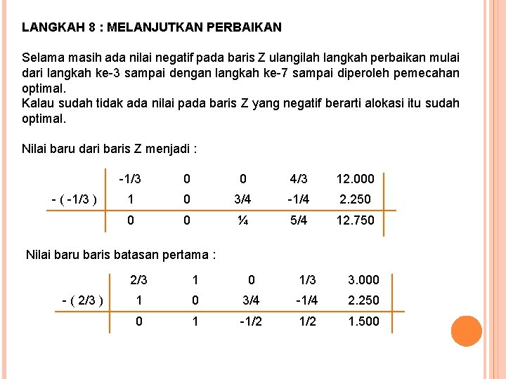 LANGKAH 8 : MELANJUTKAN PERBAIKAN Selama masih ada nilai negatif pada baris Z ulangilah