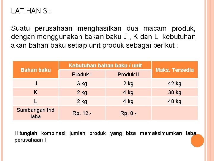 LATIHAN 3 : Suatu perusahaan menghasilkan dua macam produk, dengan menggunakan baku J ,