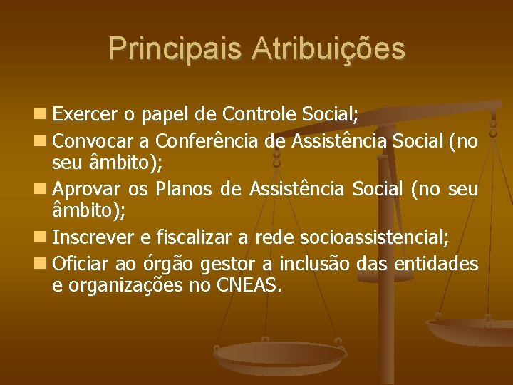 Principais Atribuições Exercer o papel de Controle Social; Convocar a Conferência de Assistência Social