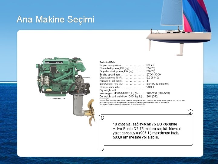 Ana Makine Seçimi 10 knot hızı sağlayacak 75 BG gücünde Volvo-Penta D 2 -75