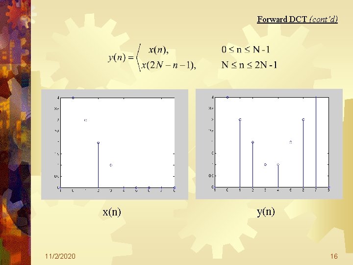 Forward DCT (cont’d) x(n) 11/2/2020 y(n) 16 Forward DCT (cont’d) x(n) 11/2/2020 y(n) 16