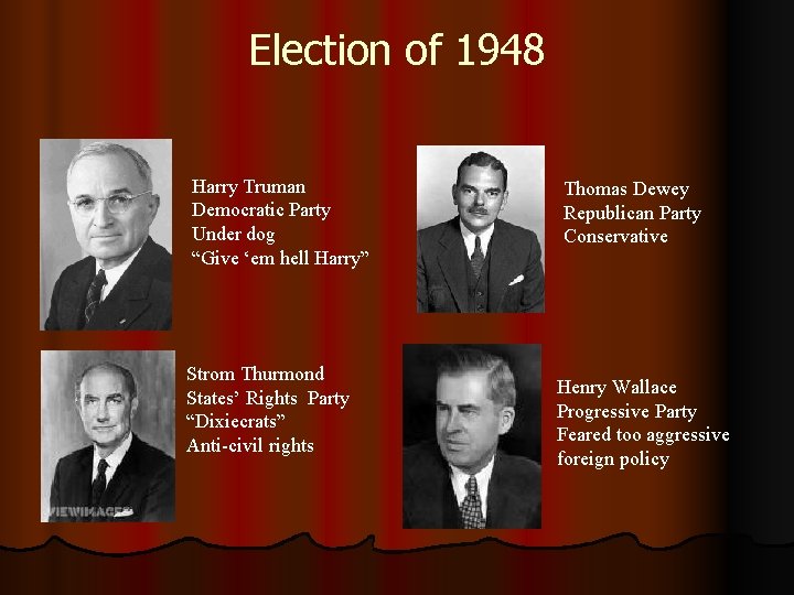 Election of 1948 Harry Truman Democratic Party Under dog “Give ‘em hell Harry” Strom