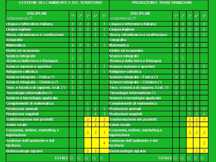 GESTIONE DELL’AMBIENTE E DEL TERRITORIO PRODUZIONI E TRASFORMAZIONI DISCIPLINE compresenza (*) 1° 2° 3°
