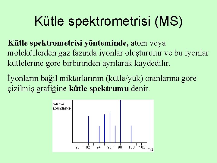 Kütle spektrometrisi (MS) Kütle spektrometrisi yönteminde, atom veya moleküllerden gaz fazında iyonlar oluşturulur ve