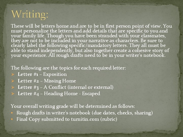 Writing: These will be letters home and are to be in first person point Writing: These will be letters home and are to be in first person point