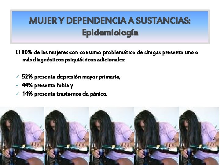 MUJER Y DEPENDENCIA A SUSTANCIAS: Epidemiología El 80% de las mujeres consumo problemático de