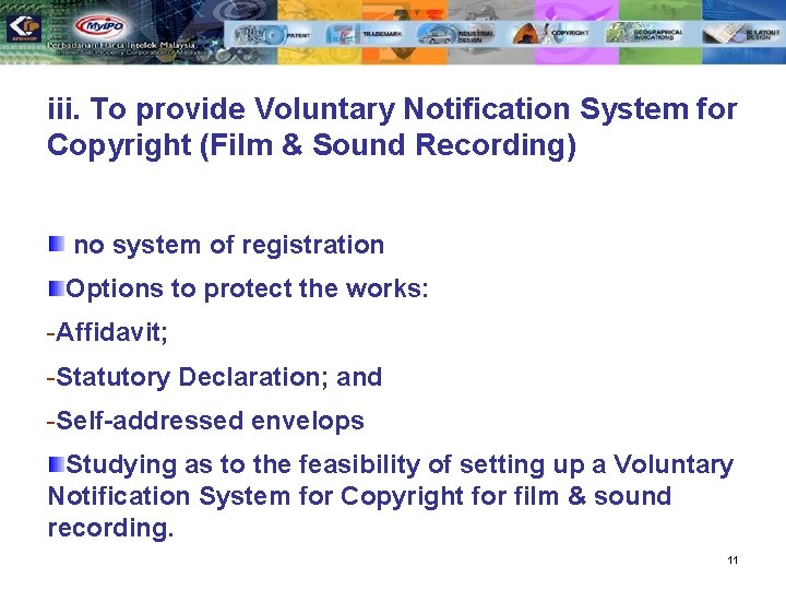 iii. To provide Voluntary Notification System for Copyright (Film & Sound Recording) no system