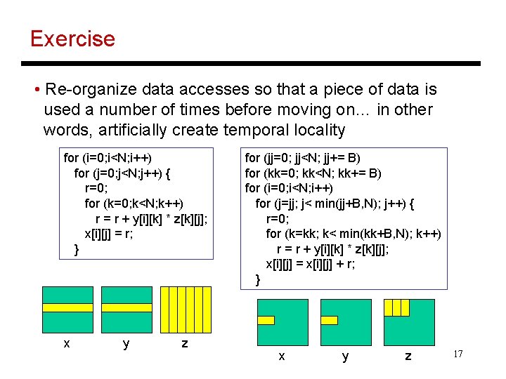 Exercise • Re-organize data accesses so that a piece of data is used a