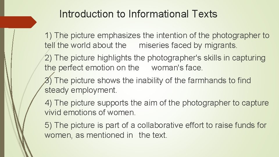 Introduction to Informational Texts 1) The picture emphasizes the intention of the photographer to