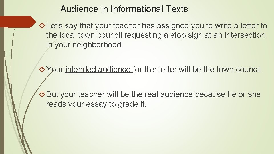 Audience in Informational Texts Let's say that your teacher has assigned you to write