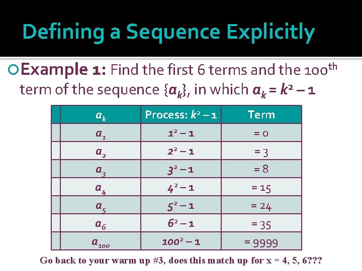 Defining a Sequence Explicitly Example 1: Find the first 6 terms and the 100
