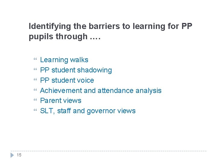 Identifying the barriers to learning for PP pupils through …. 15 Learning walks PP