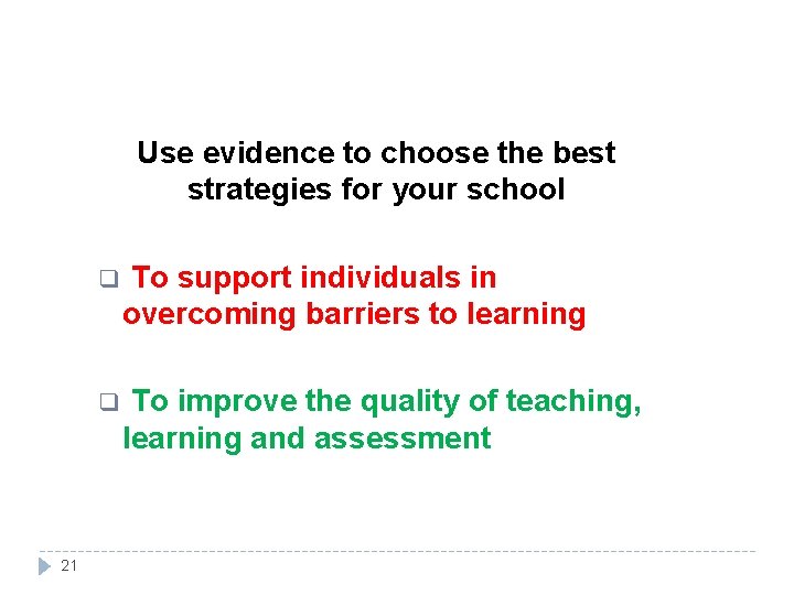 Use evidence to choose the best strategies for your school 21 q To support