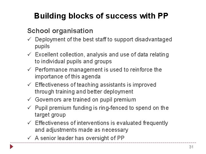 Building blocks of success with PP School organisation ü Deployment of the best staff