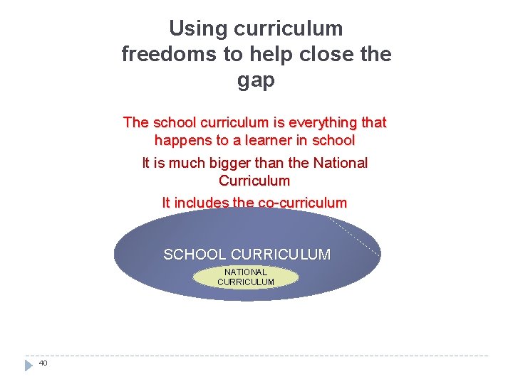 Using curriculum freedoms to help close the gap The school curriculum is everything that