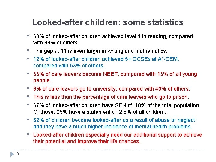 Looked-after children: some statistics 9 68% of looked-after children achieved level 4 in reading,