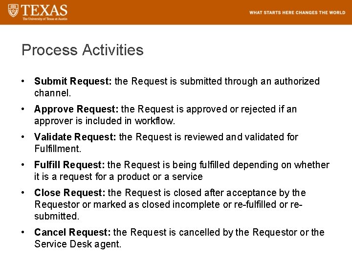 Process Activities • Submit Request: the Request is submitted through an authorized channel. •