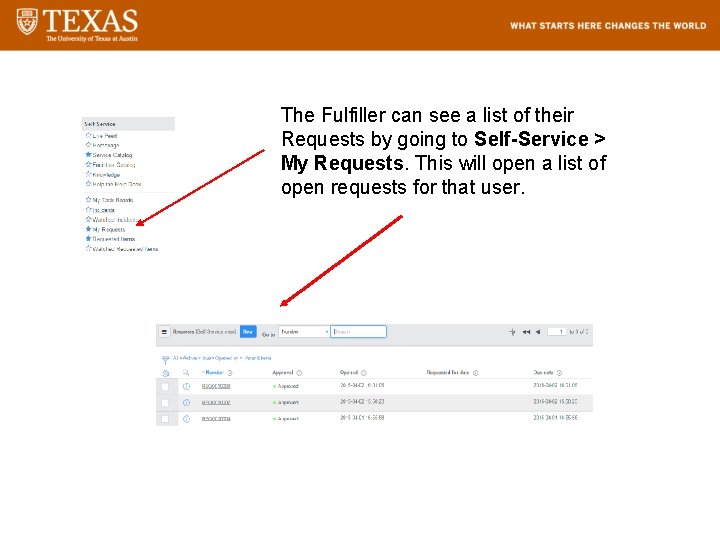 Service Catalog The Fulfiller can see a list of their Requests by going to