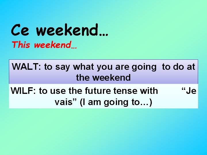 Ce weekend… This weekend… WALT: to say what you are going to do at