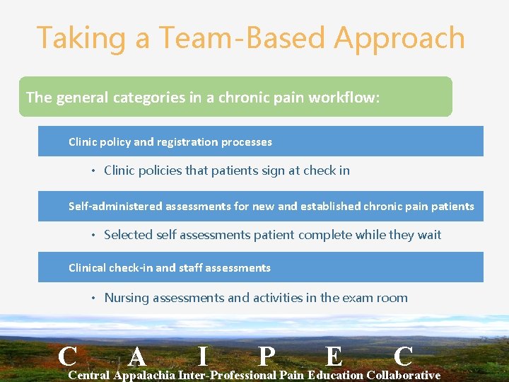 Taking a Team-Based Approach The general categories in a chronic pain workflow: Clinic policy