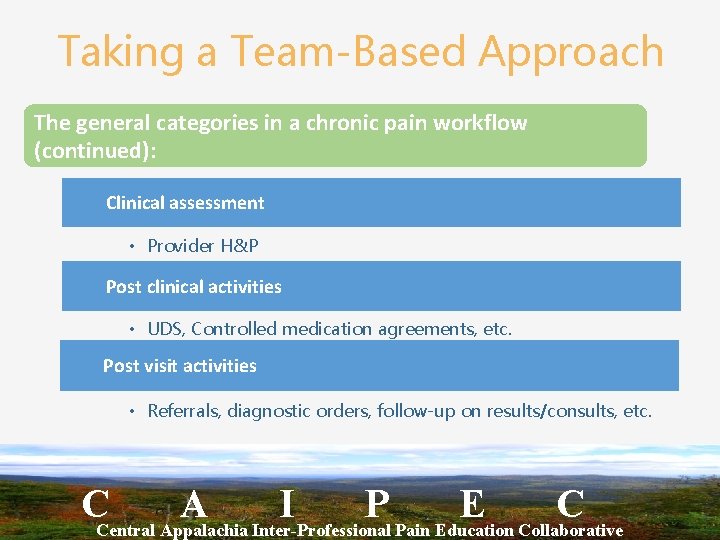 Taking a Team-Based Approach The general categories in a chronic pain workflow (continued): Clinical