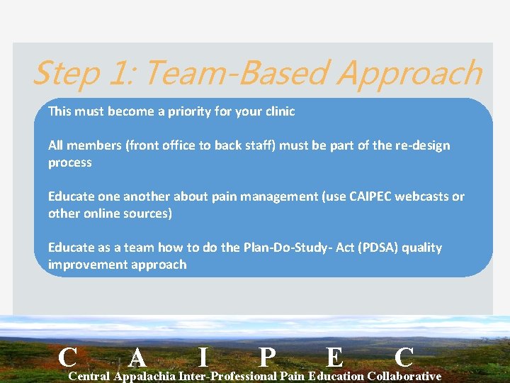 Step 1: Team-Based Approach This must become a priority for your clinic All members