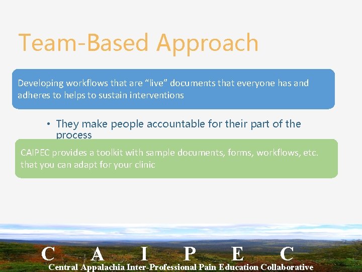 Team-Based Approach Developing workflows that are “live” documents that everyone has and adheres to