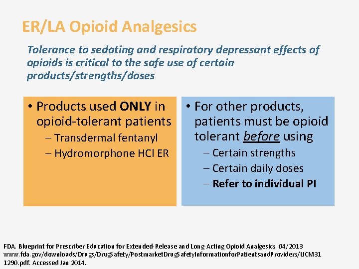 ER/LA Opioid Analgesics Tolerance to sedating and respiratory depressant effects of opioids is critical