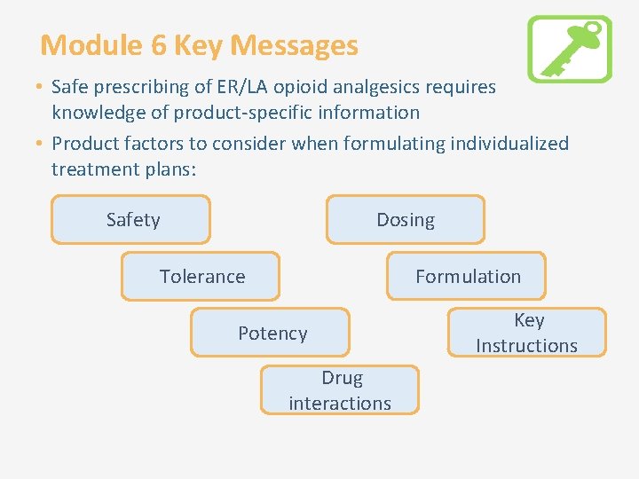 Module 6 Key Messages • Safe prescribing of ER/LA opioid analgesics requires knowledge of